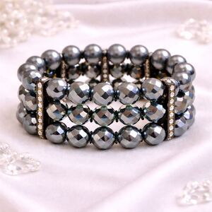 Gray Glass Pearl and Crystal Multi Strand Beaded Stretch Bracelet